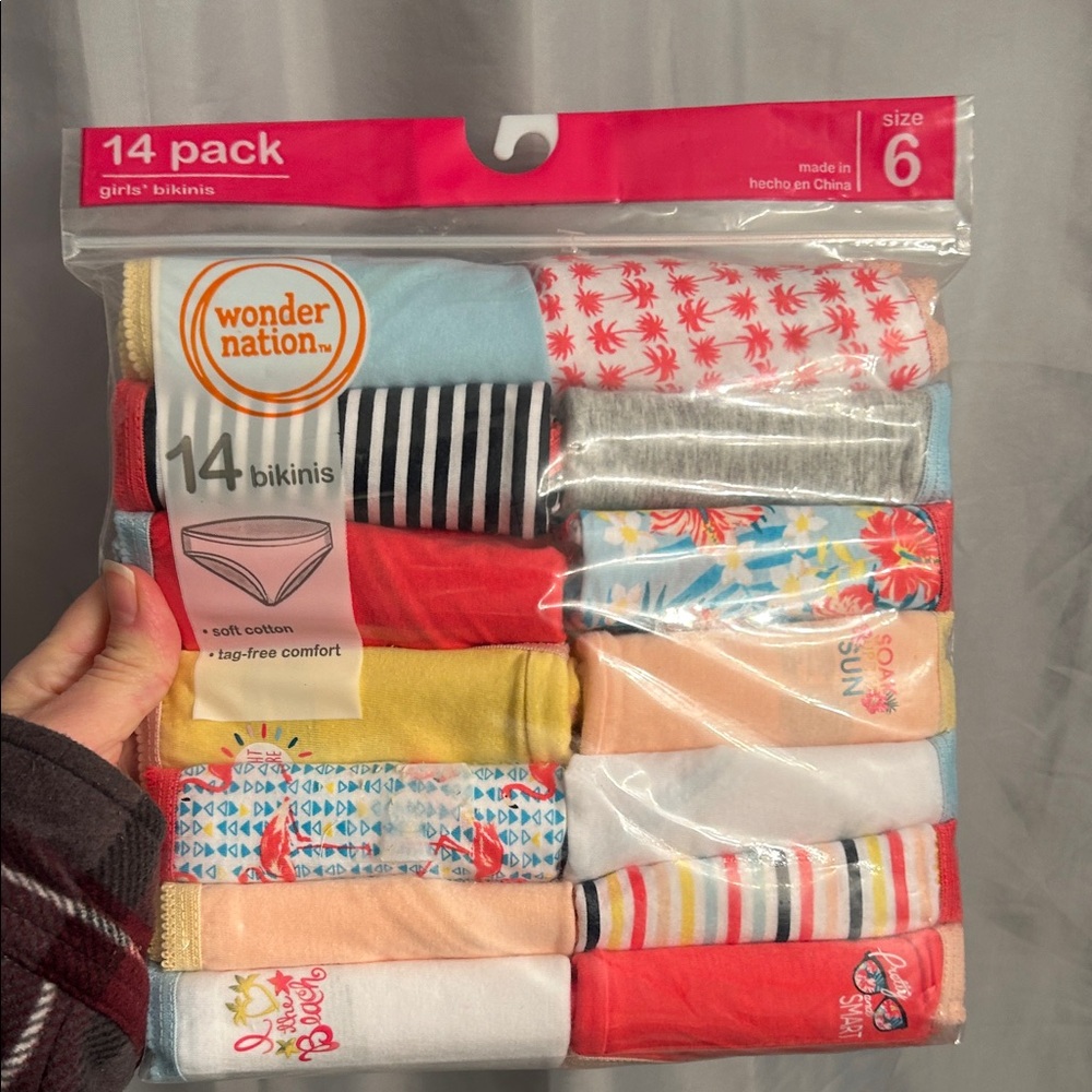 Wonder Nation Girls' Bikini Underwear 14-Pack - Sz 6 Vibrant Mix 100% Cotton